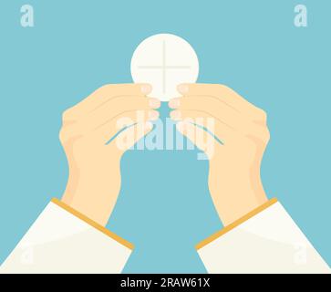 hands of priest raise holy host, communion, wafer- vector illustration Stock Vector