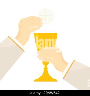 priest holds chalice and holy host, celebration of the mass, eucharist, holy communion - vector illustration Stock Vector