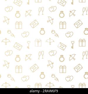 seamless golden pattern with Valentine's Day elements: love letter, diamond ring, key, Cupid's bow, gift, tulip flower, champagne glasses- vector illu Stock Vector