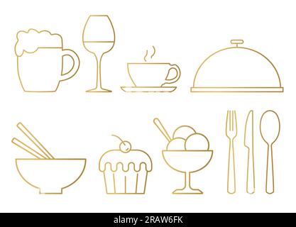 set of golden food and drink icons: beer, glass of wine, coffee cup, tray, asian dish, icecream and cutlery - vector illustration Stock Vector