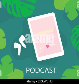 listening to podcast on smartphone with wireless headphones, palm leaves flat lay composition- vector illustration Stock Vector