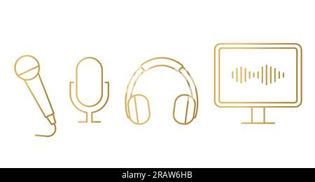 golden broadcast, podcast microphone, headphones and computer set- vector illustration Stock Vector