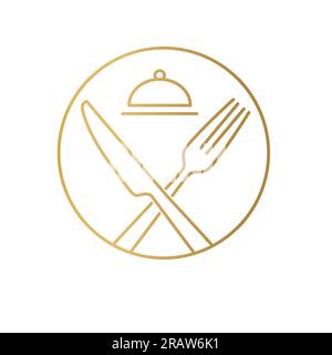 restaurant symbol, golden crossed cutlery and tray -vector illustration Stock Vector