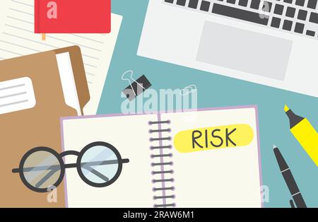 risk written in spiral notebook on office desk, flat lay composition - vector illustration Stock Vector