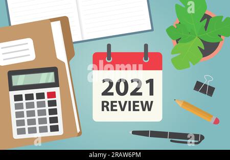 2021 review written in calendar on office desk, flat lay composition - vector illustration Stock Vector