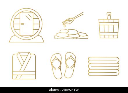 set of golden sauna elements: barrel sauna, hot stones, wooden bucket, bathrobe, flip flops and towels- vector illustration Stock Vector