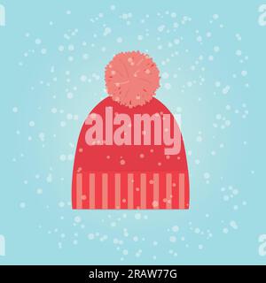 knitted red winter hat on snowy pattern - vector illustration Stock Vector