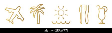 set of golden travel icons, airplane, palm tree, sun, sea, food and drink - vector illustration Stock Vector