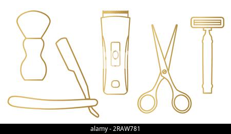 golden barber shop accessories: brush, razor, shaver, scissors and disposable razor- vector illustration Stock Vector