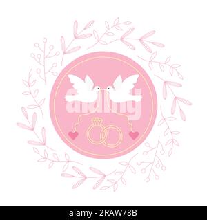 wedding invitation design template with two doves, rings and floral wreath-vector illustration Stock Vector