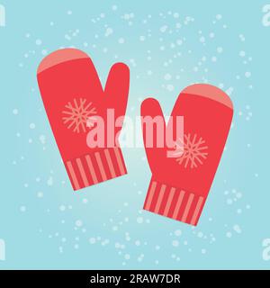 knitted red winter gloves on snowy pattern - vector illustration Stock Vector