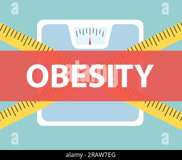 banner with obesity text over measuring tape crossed and weight scale - vector illustration Stock Vector