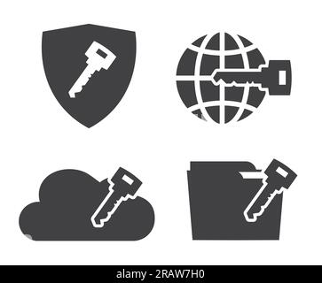 cyber security icons set, key with shield, globe, cloud and file folder- vector illustration Stock Vector