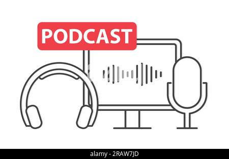 podcast concept, headphones, computer and microphone icon - vector illustration Stock Vector