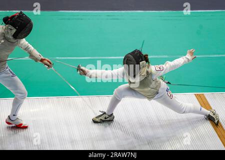 San Salvador, El Salvador. 05th July, 2023. Juliana Pineda from Colombia faces off Ariana Fuentes from El Salvador during the Latin American and Caribean Games in San Salvador. Credit: SOPA Images Limited/Alamy Live News Stock Photo
