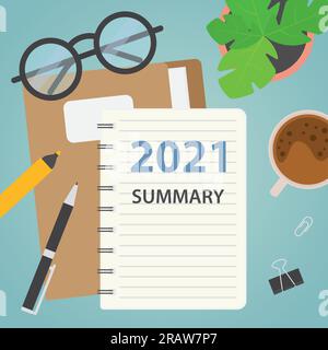 2021 summary written in spiral note, flat lay composition- vector illustration Stock Vector