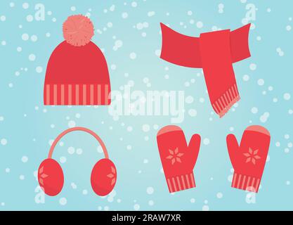 warm knitted winter cloth accessories: hat, scarf, earmuffs and gloves  - vector illustration Stock Vector