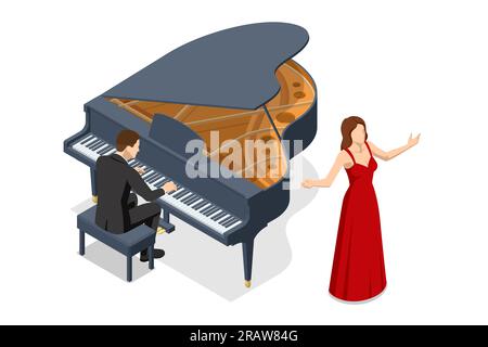 Isometric man pianist plays the grand piano and a beautiful opera singer stands next Stock Vector