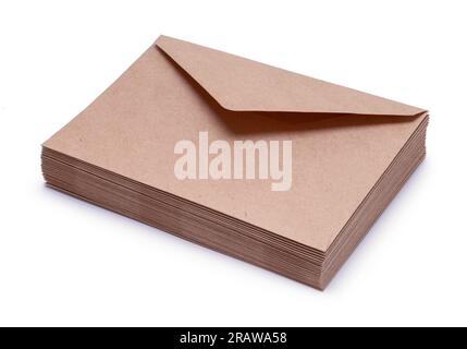 Stack of Brown Paper Envelopes Cut Out on White. Stock Photo