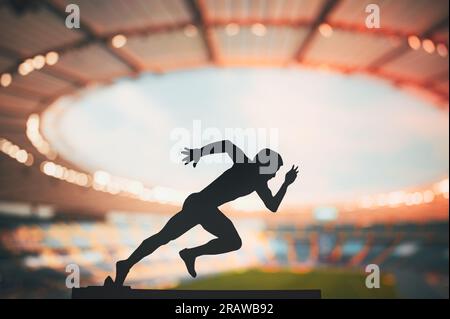 Sprinting through Dusk: Silhouette of a Male Athlete, a Long-Distance Runner, Resiliently Pursuing Excellence at a Modern Sports Stadium Stock Photo