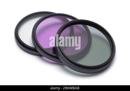 Camera Lens Filters Cut Out On White. Stock Photo