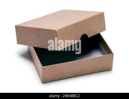 Small Brown Cardboard Box With Lid Cut Out on White. Stock Photo