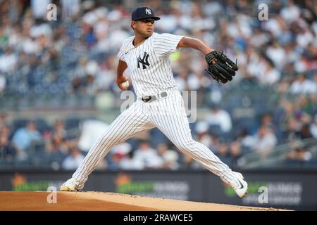 Atlanta, United States. 16th Aug, 2023. Atlanta Braves second baseman Nicky  Lopez is out at first by New York Yankees starting pitcher Randy Vasquez  during the second inning against the New York