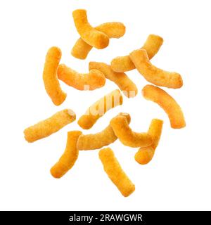 Many tasty corn sticks falling on white background Stock Photo
