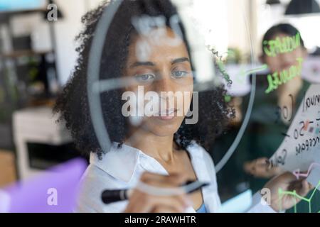 Focussed biracial casual businesswoman brainstorming with colleagues making notes on glass wall. Teamwork, work, business, brainstorm, meeting and cas Stock Photo