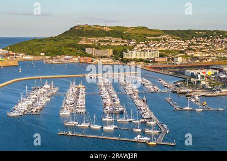 Isle of Portland, Dorset, UK.  5th July 2023.  Aerial view from the air of the marina at Portland harbour near Weymouth in Dorset.  The asylum accommodation barge the Bibby Stockholm is due to be berthed nearby at Portland Port this month.  Picture Credit: Graham Hunt/Alamy Live News Stock Photo