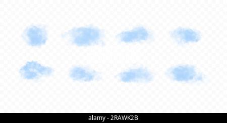 Set of blue smooth clouds isolated on transparent backdrop. Vector realistic flying smog or fog icons Stock Vector