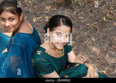 Two Beautiful Teenage Rural Indian Girls Outdoor Stock Photo