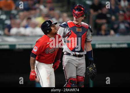 Cleveland Guardians' Josh Bell bats against the Seattle Mariners during the  first inning of a baseball game, Friday, April 7, 2023, in Cleveland. (AP  Photo/Ron Schwane Stock Photo - Alamy