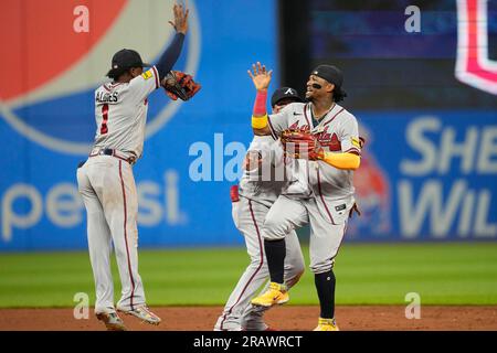 Atlanta, GA, USA. 04th July, 2019. Atlanta Braves infielder Ozzie Albies  (left) celebrates with outfielder Ronald Acu-a Jr. (right) after winning a  MLB game against the Philadelphia Phillies at SunTrust Park in