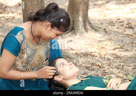 Two Beautiful Teenage Rural Indian Girls Outdoor Stock Photo