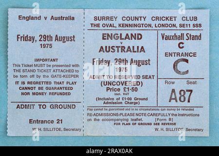 Photo of a 1975 Test Match Admission Ticket,'England v Australia', at The Oval, Kennington, London, England Stock Photo