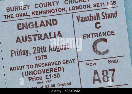 Photo of a 1975 Test Match Admission Ticket, 'England v Australia', The Oval, Kennington, London, England Stock Photo