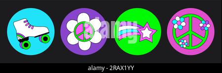 Groovy hippie circle sticker 70s set. Funny cartoon bright neon colors - flower, love, rainbow, peace, heart, daisy, mushroom, eye. Psychedelic pack Stock Vector