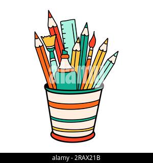 School supplies stationery glass cartoon in doodle retro style. Back to school element bold bright. Classic supplies for children education or office Stock Vector