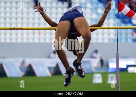 San Salvador, El Salvador. 05th July, 2023. Ana González from El Salvador performs a high jump during the Latin American and Caribean Games in San Salvador. Credit: SOPA Images Limited/Alamy Live News Stock Photo