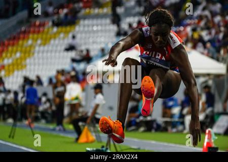 San Salvador, El Salvador. 05th July, 2023. Letania Perez from Cuba performs a triple jump during the Latin American and Caribean Games in San Salvador. Credit: SOPA Images Limited/Alamy Live News Stock Photo