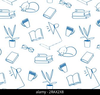 Back to School doodle wallpaper. Various school stuff for homework, table lamp, sleeping cat, cups, books, flower in a pot, glasses. Blue vector seamless pattern over white background Stock Vector