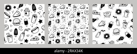 Hand drawn fast food combo. Set of fast food seamless patterns. Comic doodle style. Vector Fast food illustration. Sketch of various fast food snacks. Stock Vector
