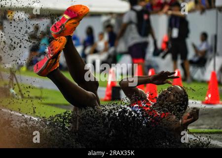 San Salvador, El Salvador. 05th July, 2023. Letania Perez from Cuba performs a triple jump during the Latin American and Caribean Games in San Salvador. (Photo by Camilo Freedman/SOPA Images/Sipa USA) Credit: Sipa USA/Alamy Live News Stock Photo
