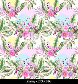 Flamingo pattern. Watercolor summer tropical pattern of flamingos on a white background. Pattern for the design of packaging, cards, invitations, fabr Stock Photo
