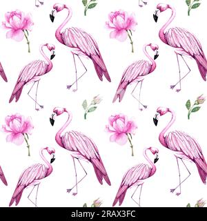 Flamingo pattern. Watercolor summer tropical pattern of flamingos on a white background. Pattern for the design of packaging, cards, invitations, fabr Stock Photo