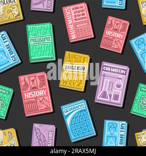 Vector Textbook Seamless Pattern, dark repeat background with cut out illustrations of various colorful textbooks for decorative wrapping paper, colle Stock Vector