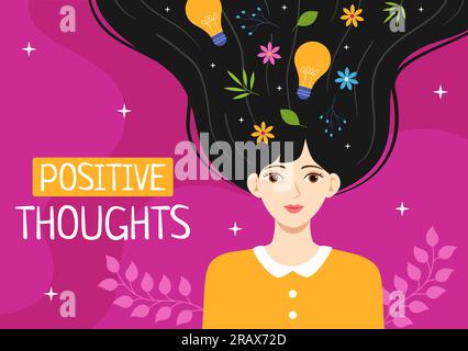 Positives Thoughts Vector Illustration with Thinking Positive as a Mindset in Symbolizing Creativity and Dreams Flat Cartoon Hand Drawn Templates Stock Vector