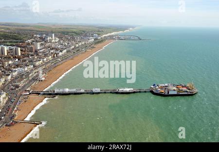 File photo dated 28/08/2014 of an aerial view of Brighton Pier, beach and housing in Brighton, East Sussex. Around two thirds (66%) of homeowners saw the value of their property increase over the 12 months to May, according to a property website, despite tough economic conditions. Nearly one in five (18%) saw a decrease in the value of their home in the 12 months to May, while for one in six (16%) the value of their property remained broadly unchanged, Zoopla found. Issue date: Thursday July 6, 2023. Stock Photo