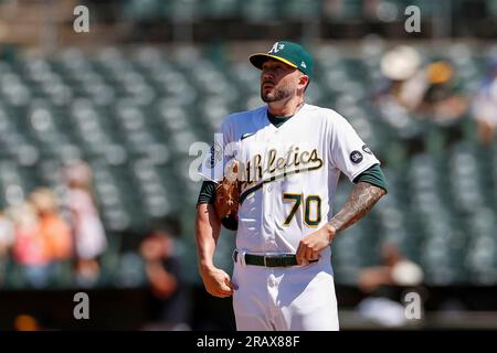 Oakland Athletics relief pitcher Josh Lucas delivers during the ninth  inning of a baseball game against the San Diego Padres in San Diego,  Wednesday, June 20, 2018. (AP Photo/Alex Gallardo Stock Photo 